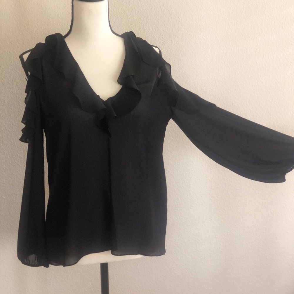 Alice + Olivia Sheer Ruffled Top, Sexy Ooen  Shoulder, Navy, Oversized